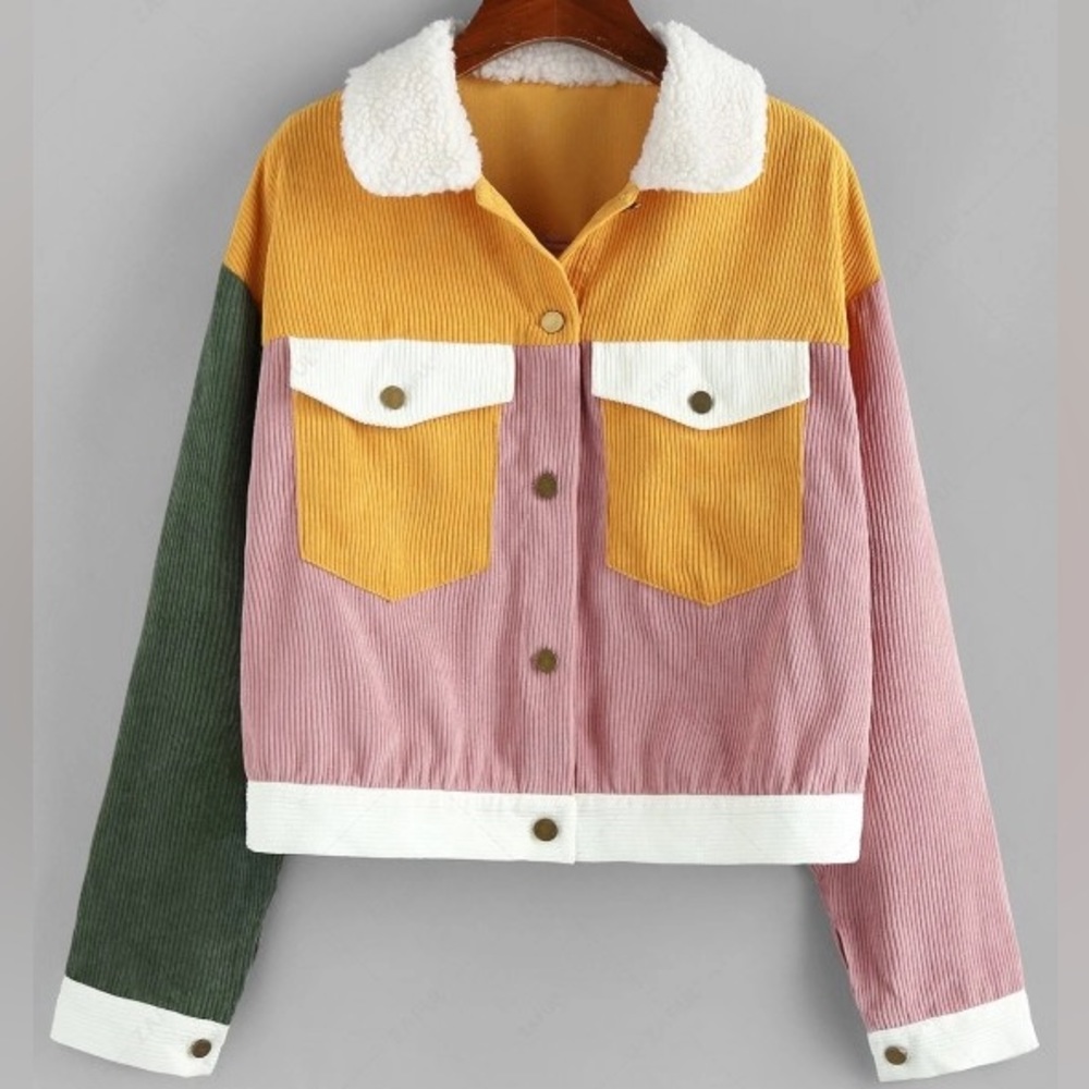 NWT Zaful Corduroy Color Block Faux Sherpa Jacket